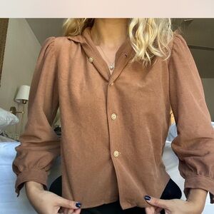 70s Vintage Brown Velvet Button-Up Women's Top